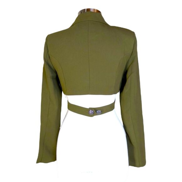 Ronny Kobo Torn Zuna Cropped Blazer Wrap Button Back Shoulders Pads Olive Green - Picture 2 of 6